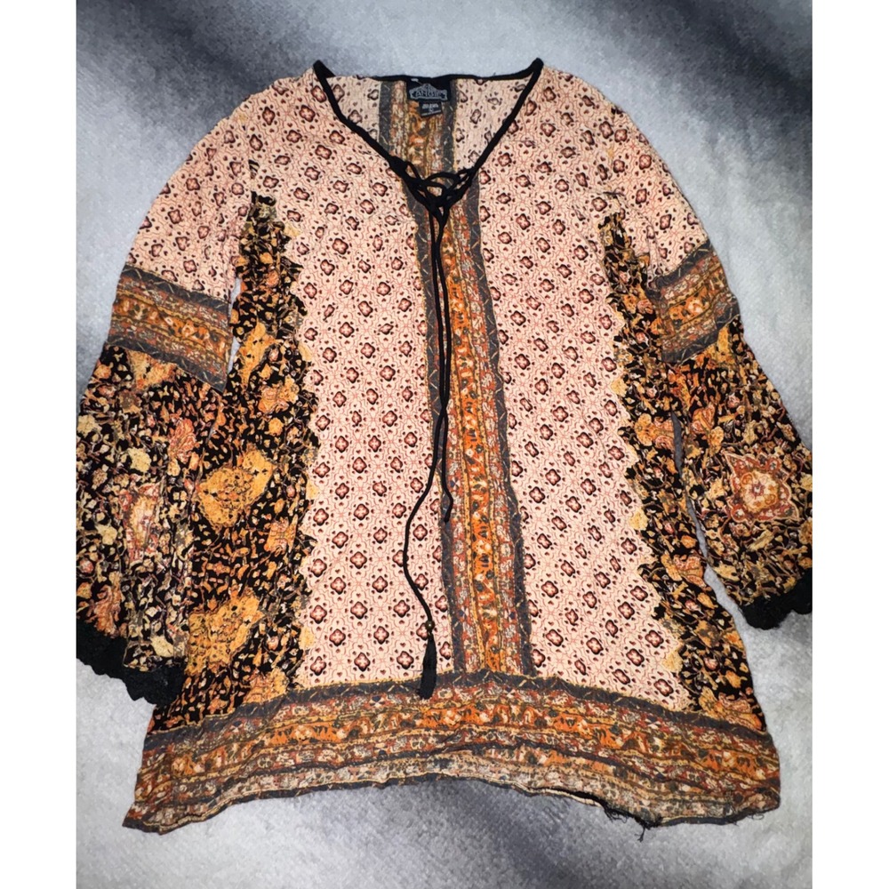(CL) Angie Womens Boho Paisley Lace Up Peasant Top‎ Bell Sleeve Orange Black L